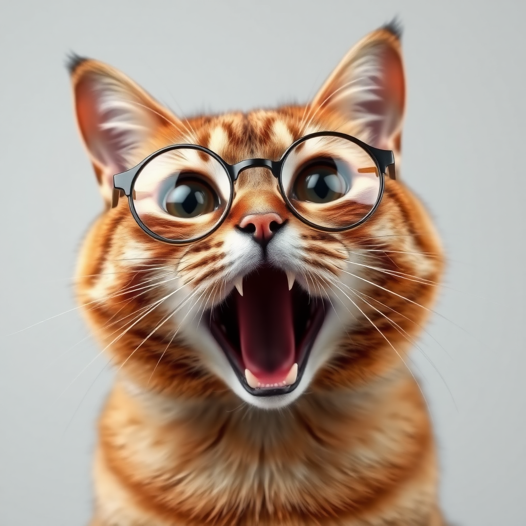 A brown cat with semi-round glasses is yelling "gay."