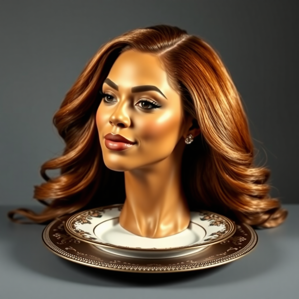 In a surreal and striking scene, the elegantly styled disembodied head of a stunningly beautiful Beyoncé rests gracefully on an ornate, luxurious plate, which is carefully placed on a simple, understated table. Her very long, flowing hair cascades like a rich waterfall of silky, rich brown locks, framing her exquisite face and accentuating her radiant, flawlessly glowing skin. The delicate contours of her chin rest lightly against the polished surface of the plate, lending an unexpected intimacy to the bizarre presentation. 

The background is a muted, plain gray, casting an air of modern minimalism that contrasts dramatically with the lavishness of her appearance. Soft shadows play across her features, highlighting the subtle high cheekbones and perfectly shaped lips, which seem poised for a soft smile. The atmosphere feels both elegant and eerie, inviting intrigue and contemplation as viewers are drawn into this surreal artistic tableau, where beauty and the absurd collide in unexpected harmony.