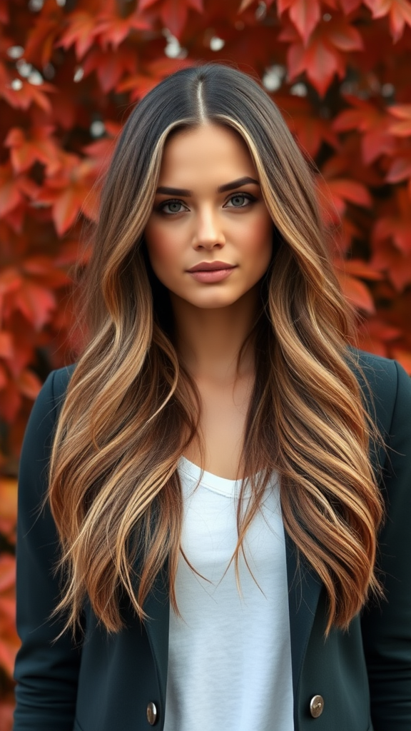 Christine Teigen with long layered hair, against the backdrop of autumn chestnut foliage, in high definition.