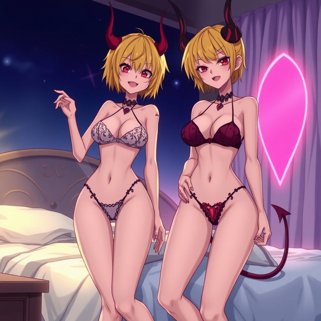 Anime, bedroom background at night, 2 mischievous tall-slender demon women, short blond hair, wearing sexy-micro bikini-bra-like clothing, 1 of them is wearing no bra but-red-gem tit coverings, red-lips, g-string, Womb tattoo on belly, mischievous smile, large breasts, full body, long legs, near them is a vulva-shaped pink portal