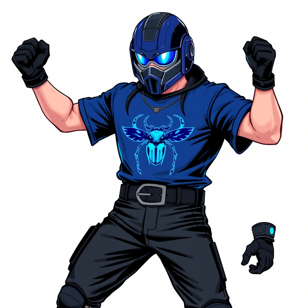 A 28-year-old cyberpunk vigilante stands heroically, clad in a maximum blue t-shirt featuring a neon blue beetle on the chest. They wear black biker pants, a black belt with a sapphire beetle buckle, and a helmet resembling a sleek, tactical design, but colored maximum blue with neon blue glowing lenses. Their hands are protected by black metal gloves, all set against a solid white background. He is drawn as if he was in a retro 2D cyberpunk fighting game.