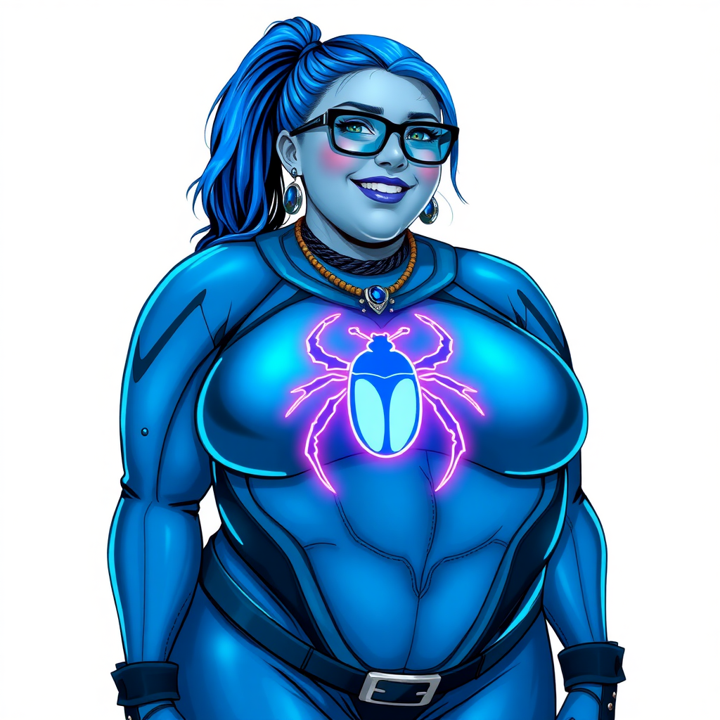 A cyberpunk vigilante’s 28-year-old nerdy full-figured 5PB (Maximum Blue) skinned computer program hybrid digital sidekick and loyal girlfriend. She has a long 5PB (Maximum Blue) ponytail and 5PB (Maximum Blue) metallic skin that blends with her outfit appearing to merge together into computer data. She wears maximum blue lipstick, blue eyes, a sapphire beetle gemstone necklace, sapphire earrings, black eyeglasses, and an oversized digital, computerized, 5PB (Maximum Blue) bodysuit featuring a neon blue glowing icon of a scarab beetle on its chest accentuating her prominently, round, gargantuan midsection. She sports a beaming smile with a neon red blush. She serves as his minicomputer operating in his hi-tech wristwatch and supercar's onboard computer using her ability to hack into machines and computer to relay vital mission information. The background is solid white. She is drawn as if she was in a retro 2D cyberpunk fighting game. Her midsection is heavily bloated to fully emphasize her full figure. Ensure her gargantuan midsection is round.