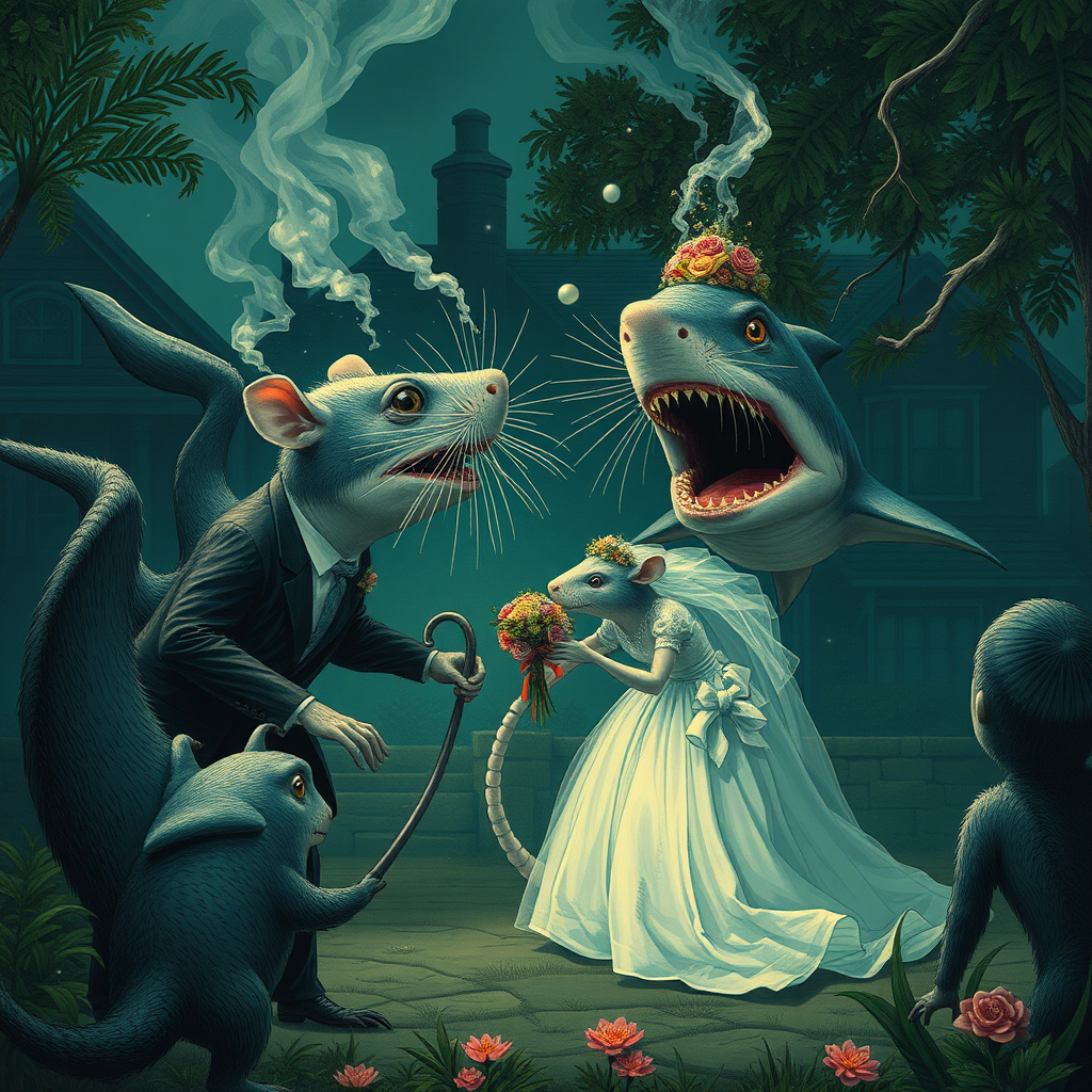 A rat wedding being attacked by hammerhead sharks, no text, Lovecraftian, sci fi, in the suburbs, cigarette ad