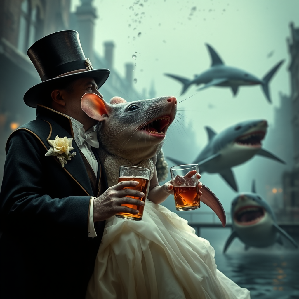 A rat wedding being attacked by hammerhead sharks, no text, Lovecraftian, in Amsterdam, steam punk, tacky, whiskey ad