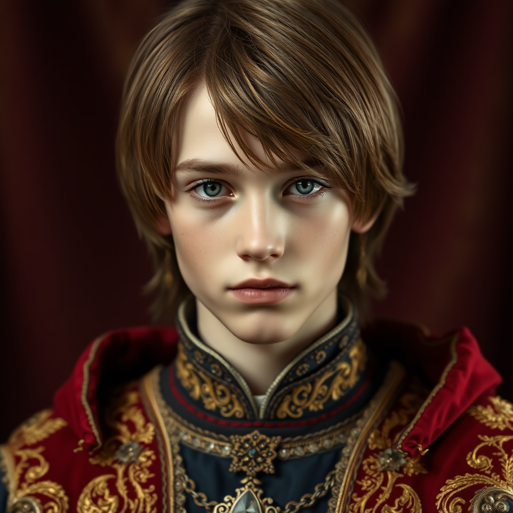 16yo teen boy prince, long bob cut, embroidered with gold and diamonds medieval cloths. photorealistic, ultra high resolution, 16K,