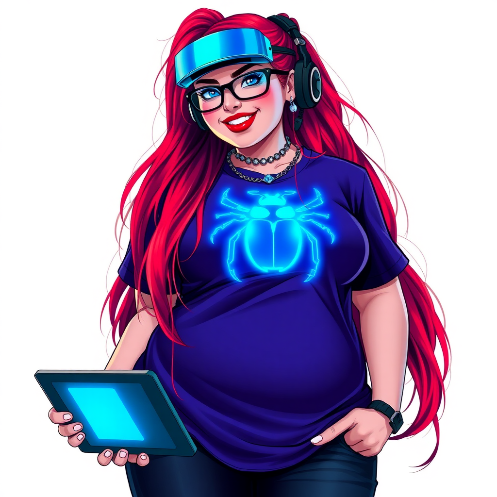 A cyberpunk vigilante’s full-figured intelligent and tech-savvy 29-year-old girlfriend, who is a computer hacker and tech genius. She has a long ruby red ponytail and bright blue eyes. She wears a sapphire beetle gemstone necklace, and an oversized Maximum Blue (RGB 71, 171, 204) t-shirt featuring a giant neon blue glowing icon of a beetle on its chest. She has a full-figured physique with a prominent, gargantuan, round midsection, reflecting her well-cared-for lifestyle. The midsection is heavily emphasized. She sports a sapphire headset with hi-tech Maximum Blue (RGB 71, 171, 204) lensed HUD visor, Maximum Blue (RGB 71, 171, 204) lipstick, black eyeglasses, and a beaming smile with a passionate bright red blush. Despite her figure and a lack of self-esteem, she radiates an air of beauty. She has an angular face which contributes to her radiant beauty. She serves as his tech expert from his hideout, holding a holographic tablet and a hi-tech tool wrench. The background is solid white. She is drawn as if she was in a retro 2D cyberpunk fighting game. Make sure her shirt covers her round midsection.