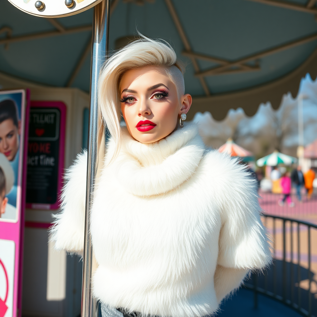 Amusement park “kissing booth”, sunny spring Sunday morning. Sam, 19 years old beautiful involuntary femboy, rebellious intractable character, petite boyish figure, platinum blond boyish rebel punk hairstyle, flawless heavily made-up face with sharp arched tattooed eyebrows, wearing Supertanya-style fluffy very fuzzy bright white angora thigh-length turtleneck-poncho fully covering body and arms, silver-glitter leggings, black leather high-heeled pumps, silver earrings, both hands tied to pole behind back, standing inside kissing booth, waiting for next customer to kiss. Focus on Sam’s face and turtleneck-poncho.