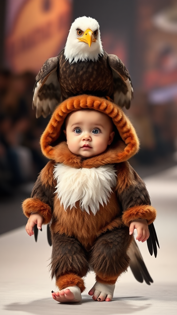 A cute small chubby fair baby with big eyes, pink lips, and pink cheeks wearing a furry cozy eagle costume doing a ramp walk in a fashion show, walking with a real eagle, cinematic eagle sitting on the baby's head.