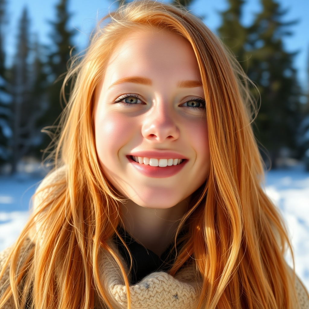 beautiful young woman with lush ginger cherry blonde long hair, full lips, on Alaska Anchorage happy in sunny snow