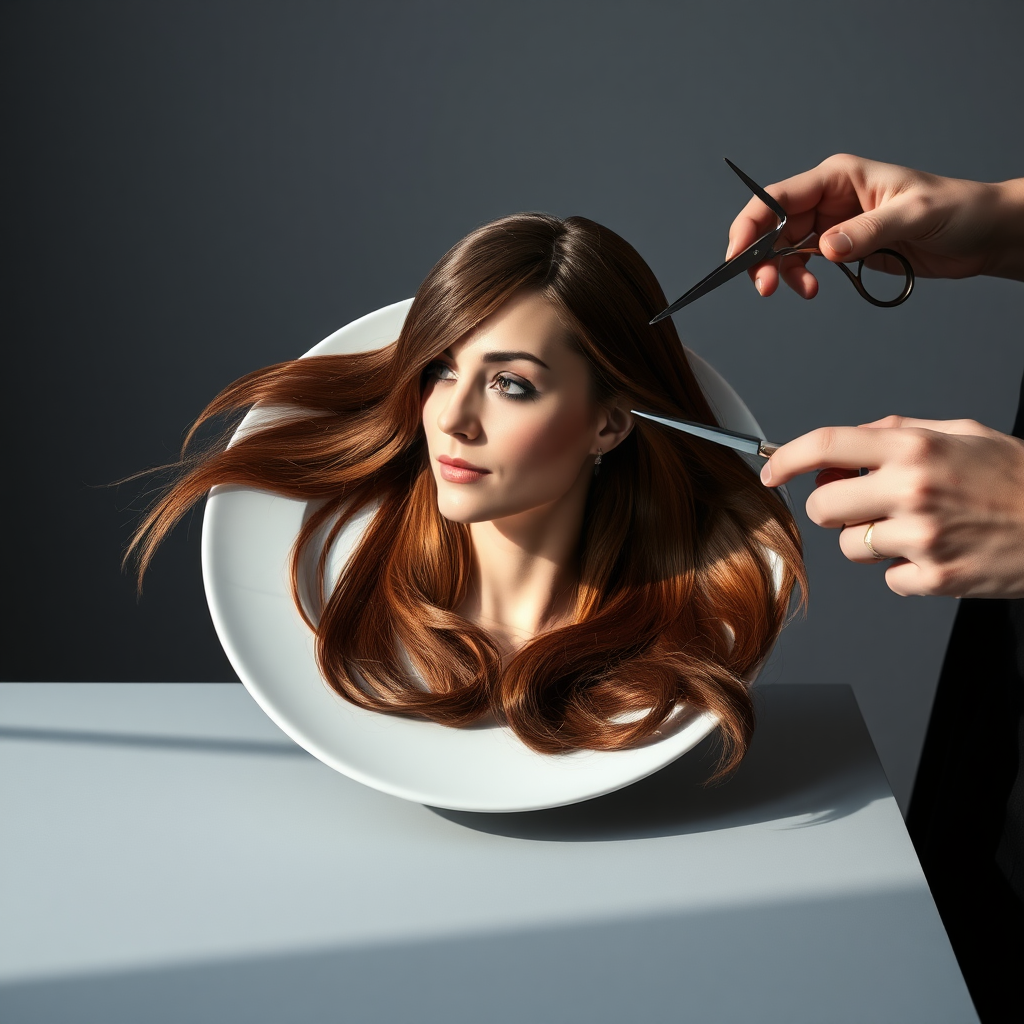 In a strikingly surreal scene, a beautifully crafted porcelain plate holds the disembodied head of a graceful Kate Middleton, her long, flowing hair cascading around like a luxurious waterfall of silky strands, shimmering in various shades of deep chestnut. Each hair seems to catch the light, creating an almost ethereal glow. Nearby, a meticulous hairdresser, dressed in a sleek black apron, carefully snips away at Kate's locks with precision scissors, their actions fluid and deliberate, emphasizing the delicate artistry of the moment.

The setting boasts minimalist decor, with a plain gray background that heightens the focus on this bizarre tableau. Soft shadows play across the smooth surface of the plate, enhancing the haunting beauty of Kate's serene expression, which conveys both elegance and an uncanny sense of stillness. The atmosphere is a blend of surreal calm and unsettling intrigue, pulling the viewer into a dreamlike space where reality and imagination intertwine. Gentle noises of scissors softly clipping away hair are the only sounds in this peculiar yet captivating scenario, heightening the tension and drawing viewers into this striking juxtaposition of beauty and the bizarre.