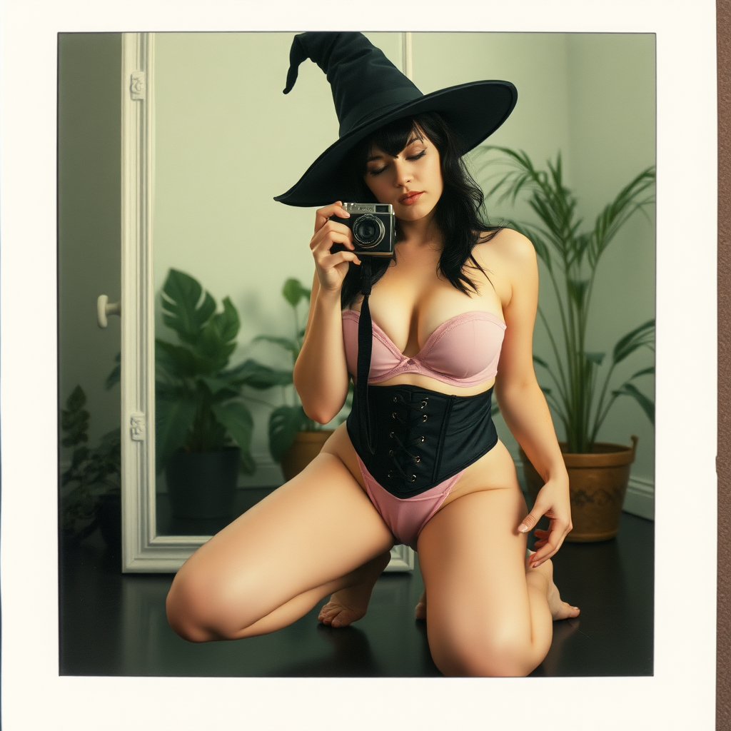 An old polaroid photo with a color tint to the photograph and visible light leaks. The photo depicts the reflection of a sexy alt goth girl with pale skin and black hair taking a self portrait with an old film camera. She has a plump booty. Her mascara is running. She has large breasts with ample cleavage and she is wearing a skimpy gstring that leaves a gap between her pubic area and thigh. The fabric of her gstring is skimpy and pink and white and barely covers her and her bra is translucent and pink and white. She is in a photography studio with artistic lighting and plants are all around behind her. She is kneeling with her knees spread apart above a large mirror. Her underwear is wet. She is wearing a witch hat. She is also wearing a black underbust corset.