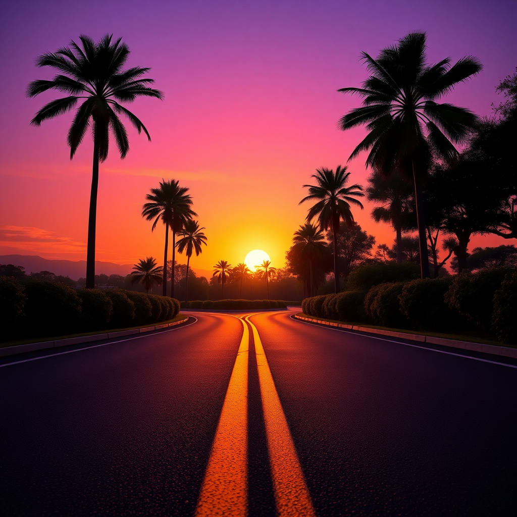 a tranquil sunset scene on a winding road, showcasing a low perspective view of the asphalt with a vibrant yellow line cutting through the center. Tall, slender palm trees on either side stretch upwards against a gradient sky, transitioning from deep purple to fiery orange and soft pink hues. Lush silhouettes of bushes and trees frame the scene, creating a sense of depth and tranquility. The setting sun is partially obscured, casting warm, golden light that highlights the texture of the road and offers a soft glow to the foliage. The overall composition exudes a dreamy, serene atmosphere reminiscent of hyperrealistic photography.Viral animation nature wallpaper quality