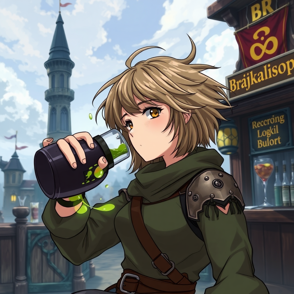 A wide distance shot of a female fantasy warrior drinking a large potion from a round flask. Dungeons and Dragons port called Waterdeep. Mage tower in the background. Bar with an advertisement for a drink called "Brajkaisop." Messy shoulder-length hair tussled by wind. Anime style, Record of Lodoss War.