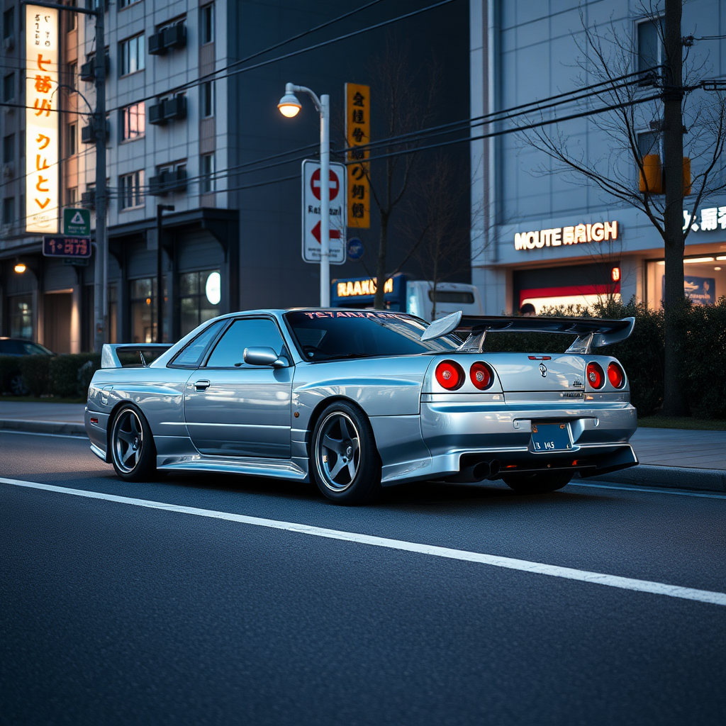 the car is parked on the side of the road, inspired by Taiyō Matsumoto, tumblr, restomod, nd4, c4 metallic shine nissan skyline r34 kalabalik tokyo gece arkaplan