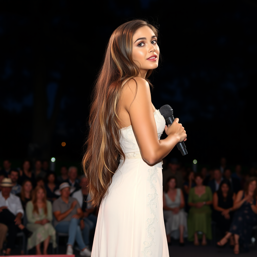 a young woman singing on a stage in a park with audience. long brunette hair with highlights, bright blue eyes. suntanned skin. small lips colored pale rose. looking to the side. wearing an elegant long cream-colored dress with transparent lace and pumps. night sky in background. photo