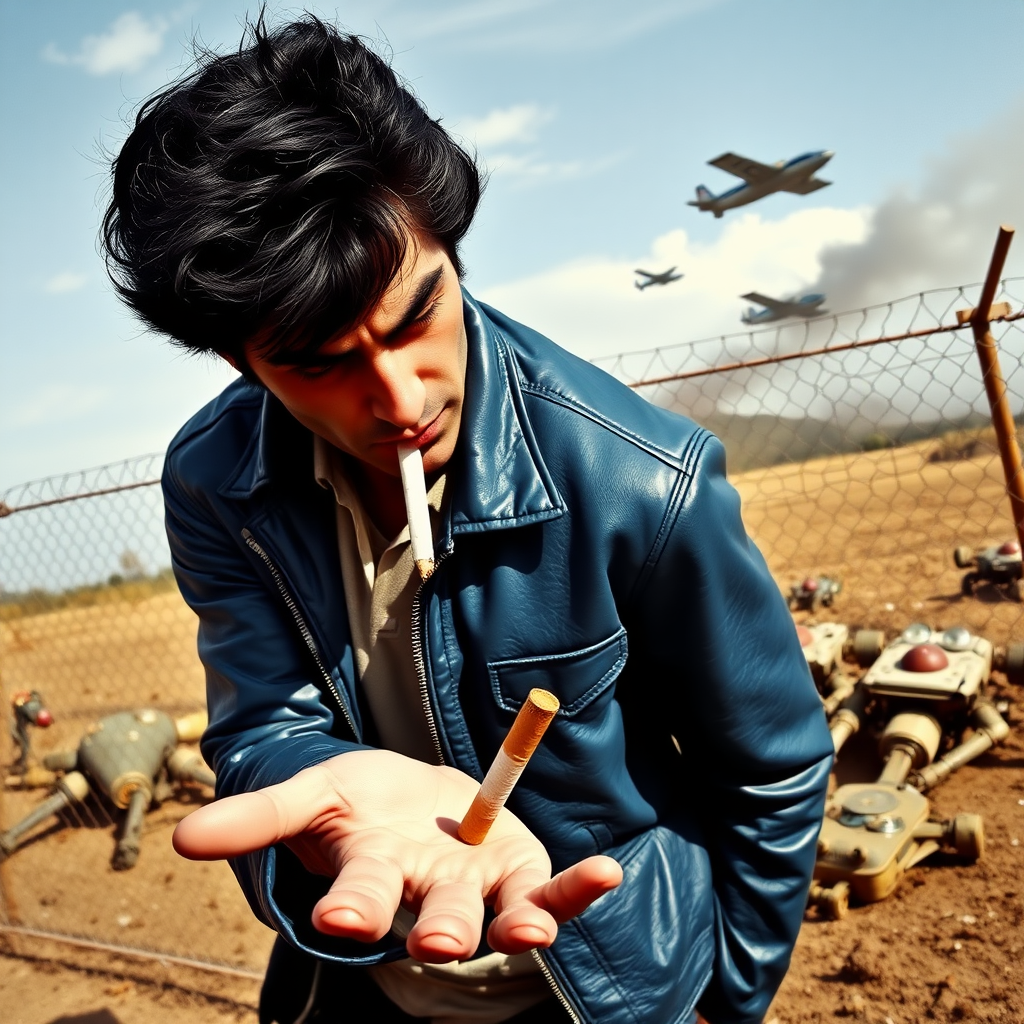 1950s greaser in blue leather jacket with black hair.

There is a cigarette hanging from the greaser's lips.

The greaser is hunched forward, looking grimly down at his open palm where there is another unlit cigarette.

Fence in the background.

Beaten-up robots laying around the fence.

Flying cars and smoke in the sky.

Dirty. Bleak.