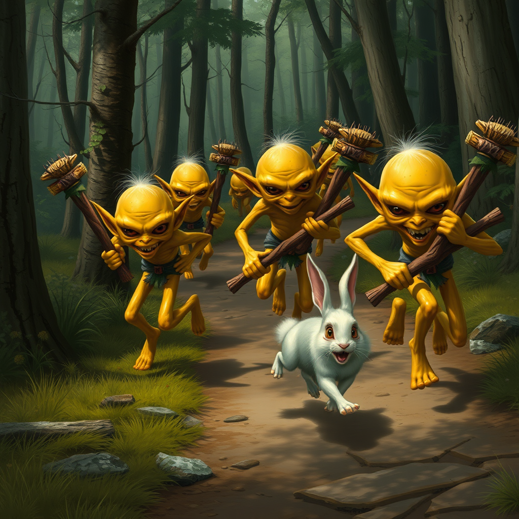 A realistic picture of several skinny, yellow goblins with wooden clubs chasing after a fleeing bunny along a forest path.