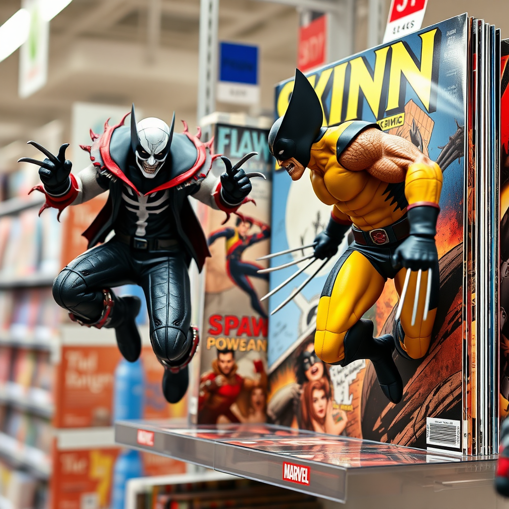 Jumping out of a Comic book cover on a store shelf is Spawn and Wolverine in Cinematic Real3D photo-realistic quality.