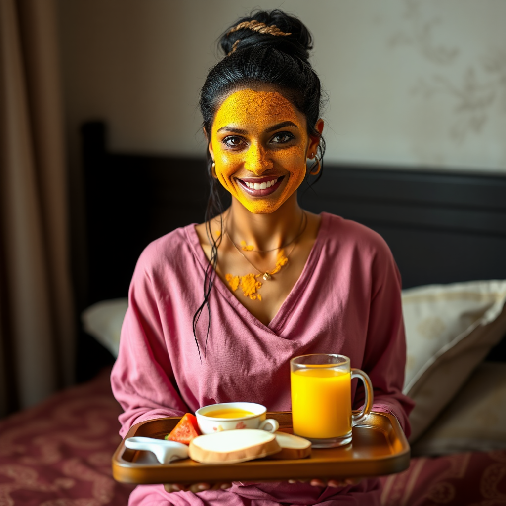 slim, 30 year old, sexy, indian wife, wet hair bun, face veil, turmeric face mask. She is smiling and serving breakfast on a tray on bedside table