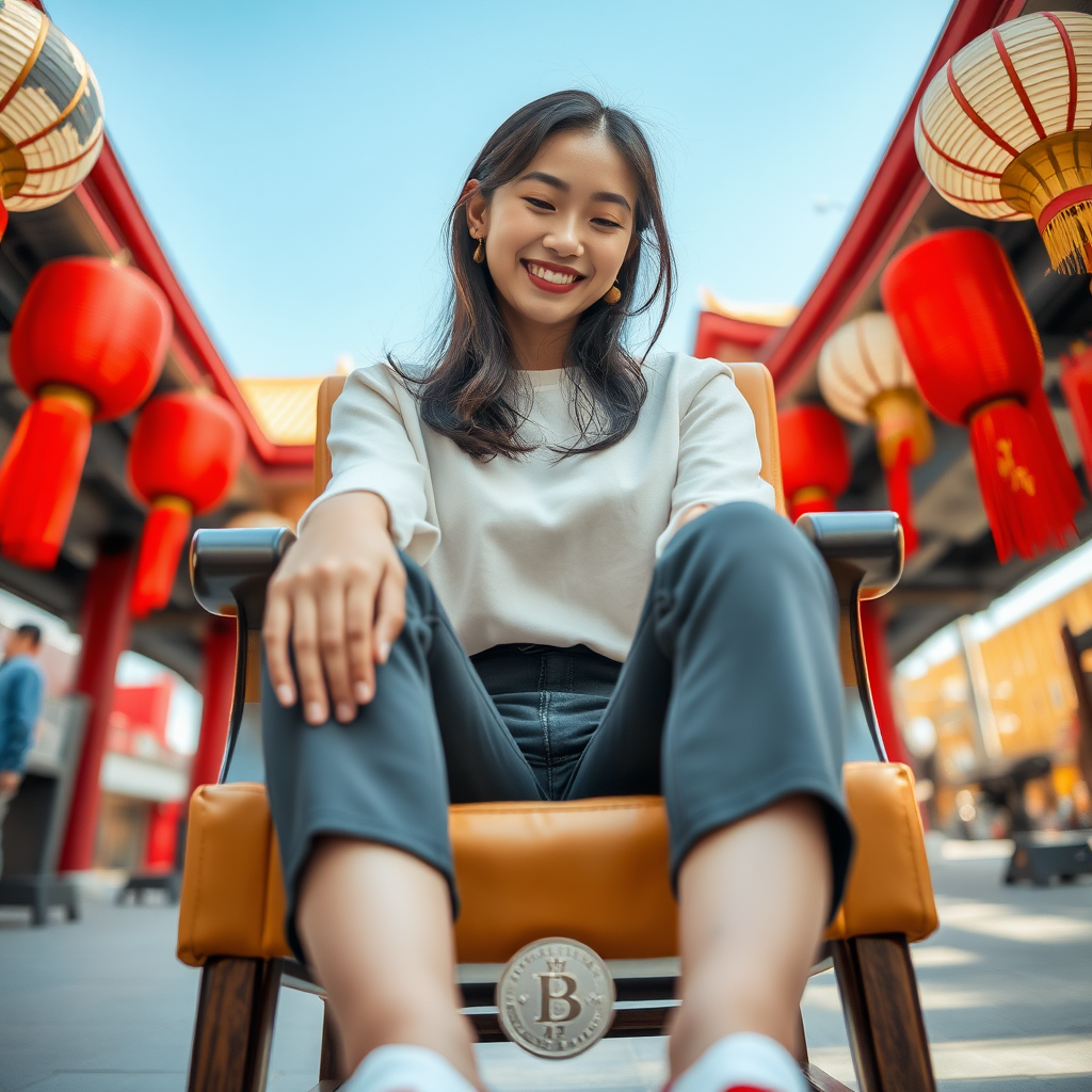 photo low angle full body shot beautiful xiaomeimei looking down. She is sitting on a chair. she is grinning. her arms are on the armrests. there is a token on the ground in front of the chair