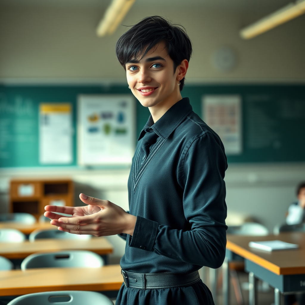 photorealistic, ultra high resolution, 16K, surreal fantasy, soft studio lighting, a pretty 17 year old goth male, slim male physique, short dark hair, blue eyes, goth makeup, earrings, sheer pantyhose, UK girls-school uniform, Mary-Jane shoes, standing in the classroom delivering a talk, excited smile, facing the camera.