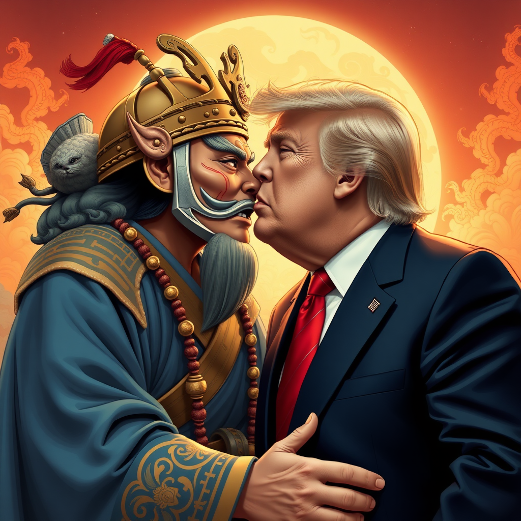 Sun Wukong and Trump kissing.