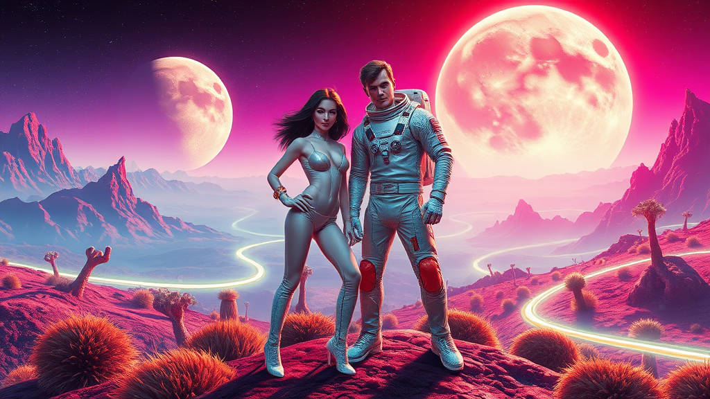 Draw me a photorealistic 70s style space babe and space hunk posing on a retro 70's alien planet. The planet has alien vegetation, mountains and lazer rave style. The landscape is laced with glowing lazer lights as if the planet was digital. The space babe and space hunk are wearing space suits.