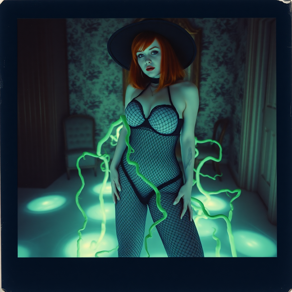 Scan of an old polaroid photo with heavy dark vignetting and a blue color tint to the photograph and visible light leaks. The photo depicts a sexy alt goth girl with pale skin and red hair. She has a plump booty. She has large breasts with ample cleavage and is wearing a black fishnet bodysuit. She is wearing a witch hat. She is surrounded by glowing translucent green vine coming out of magic bright glowing pools of water on the floor, wrapped around her arms and legs. She is straddling a green vine between her legs. The image looks hazy and grungy. She is in an old house with wallpaper on the walls. Dark lighting with camera flash used. Candid