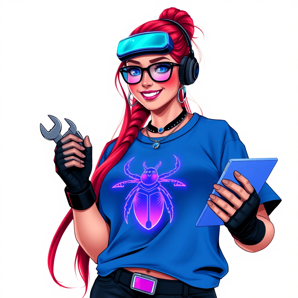 An intelligent and tech-savvy 29-year-old computer hacker and tech genius. She has a long ruby red ponytail. She wears maximum blue lipstick, blue eyes, a sapphire beetle gemstone necklace, sapphire earrings, black eyeglasses, hi-tech power gloves, and an oversized maximum blue t-shirt featuring a neon blue glowing beetle chest icon. She has a gargantuan full-figured physique with a prominent round gargantuan midsection, reflecting her well-cared-for lifestyle. She sports a sapphire headset with a hi-tech maximum turquoise lensed HUD, and a beaming smile accentuated by a passionate neon red blush. She serves as his tech expert from his hideout, holding a futuristic tool wrench and a futuristic digital tablet. The background is solid white. She is drawn as if she was in a retro 2D cyberpunk fighting game.