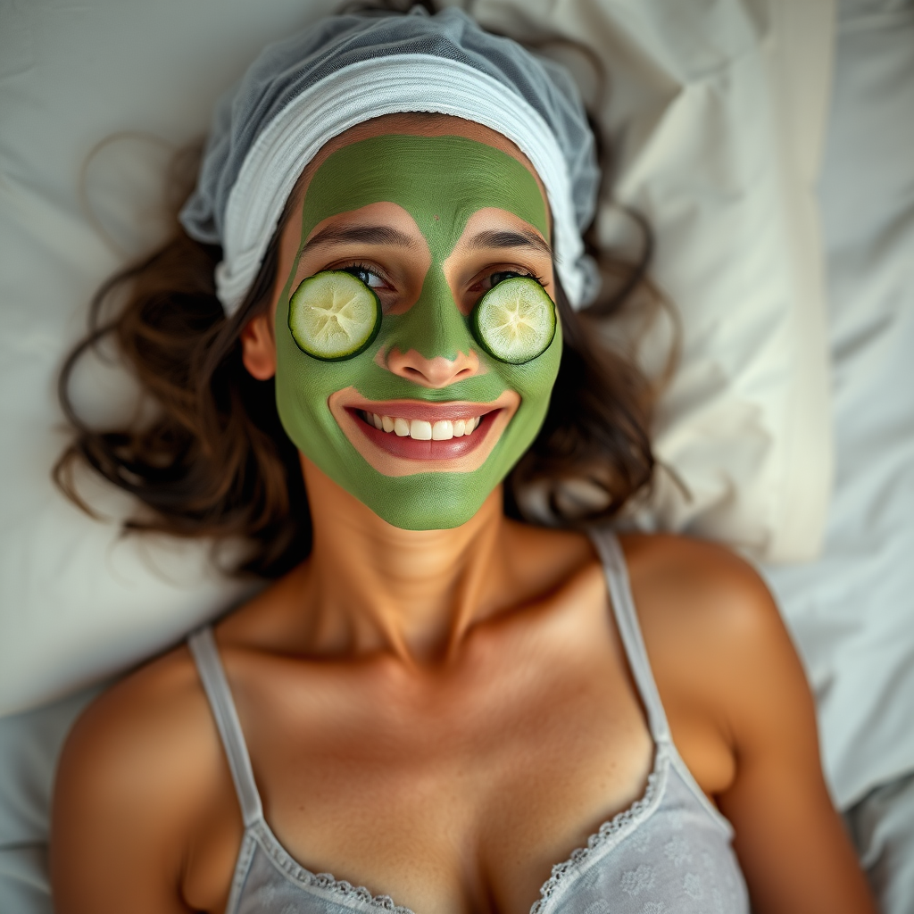 A skinny, traditional, 30 year old Indian wife with hair covering, wearing a bra, lying on a bed. Her face is covered with green face mask, and her eyes are covered with cucumber slices. She looks satisfied from her facial expression.