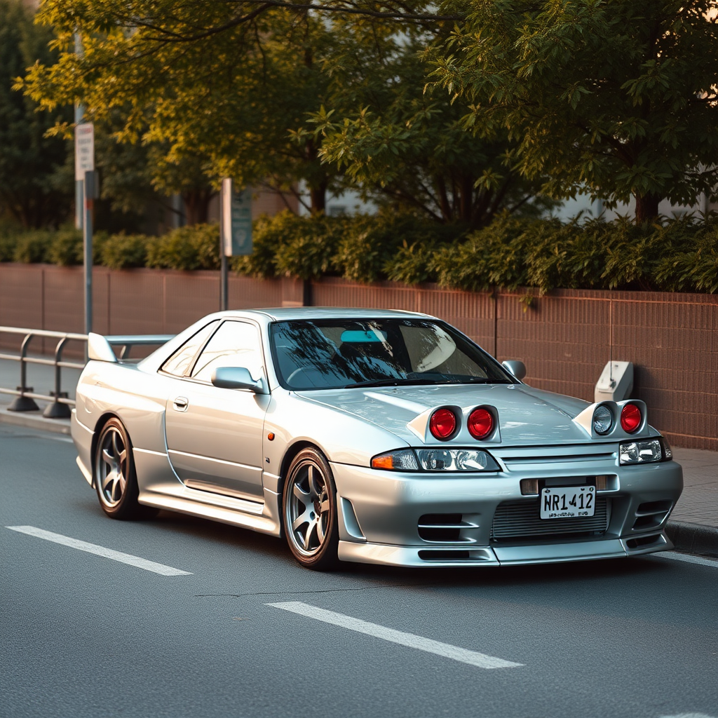 the car is parked on the side of the road, inspired by Taiyō Matsumoto, tumblr, restomod, nd4, c4 metallic shine nissan skyline r34 kalabalik tokyo gece arkaplan