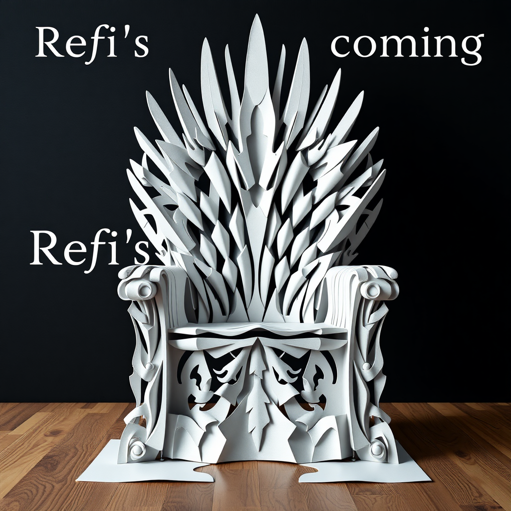 A flyer image of the Game of Thrones chair made out of white paper. The text in the background says “Refi’s are coming.”

The refi is for refinancing a home. Photorealistic and Cinematic camera photography. Masterpiece.