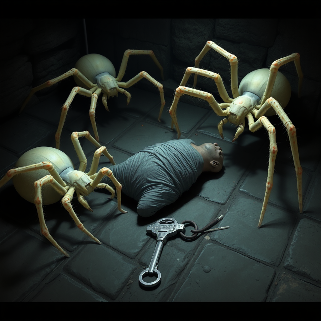 A dark basement medieval cellar with two large white spiders with red highlights crawling around and a cocooned human body in the center of the floor with a silver key sitting beside the body