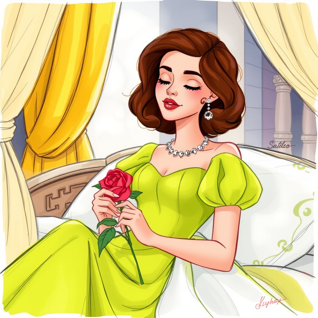 Sleeping beauty disney sketch of a alluring, feminine 19 year old pakistani prince with short wavy brown hair in a bob with ringlets, rose lipstick, rose blush, long eyelashes, narrow face, wearing a lime green off shoulder puff sleeve dress with a flowing skirt and white sleeves and a diamond festoon necklace. Sleeping in a bier in bombay castle eyes closed holding a rose, the bedroom is covered by a large curtain in a palace room as the queen knows the curse has worked