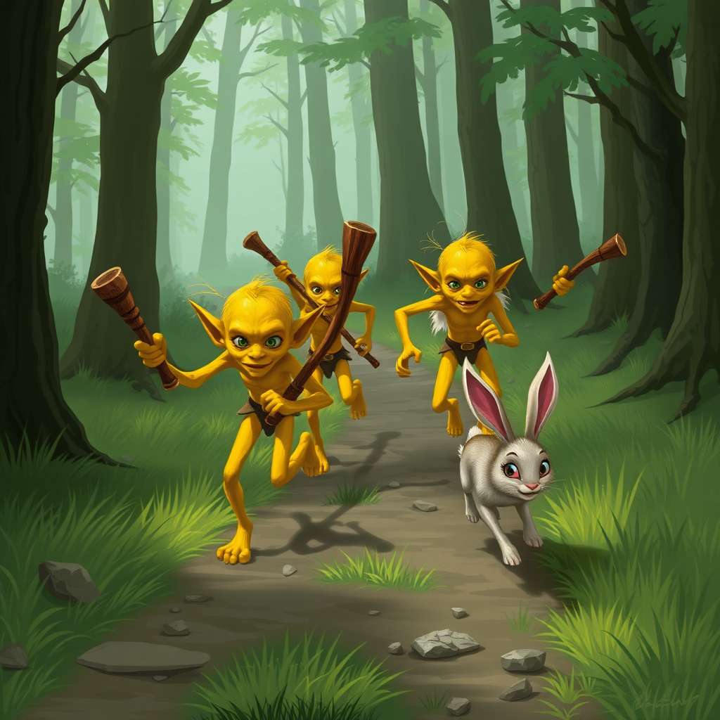 Several skinny, yellow goblins with wooden clubs or swords chasing after a fleeing bunny along a forest path