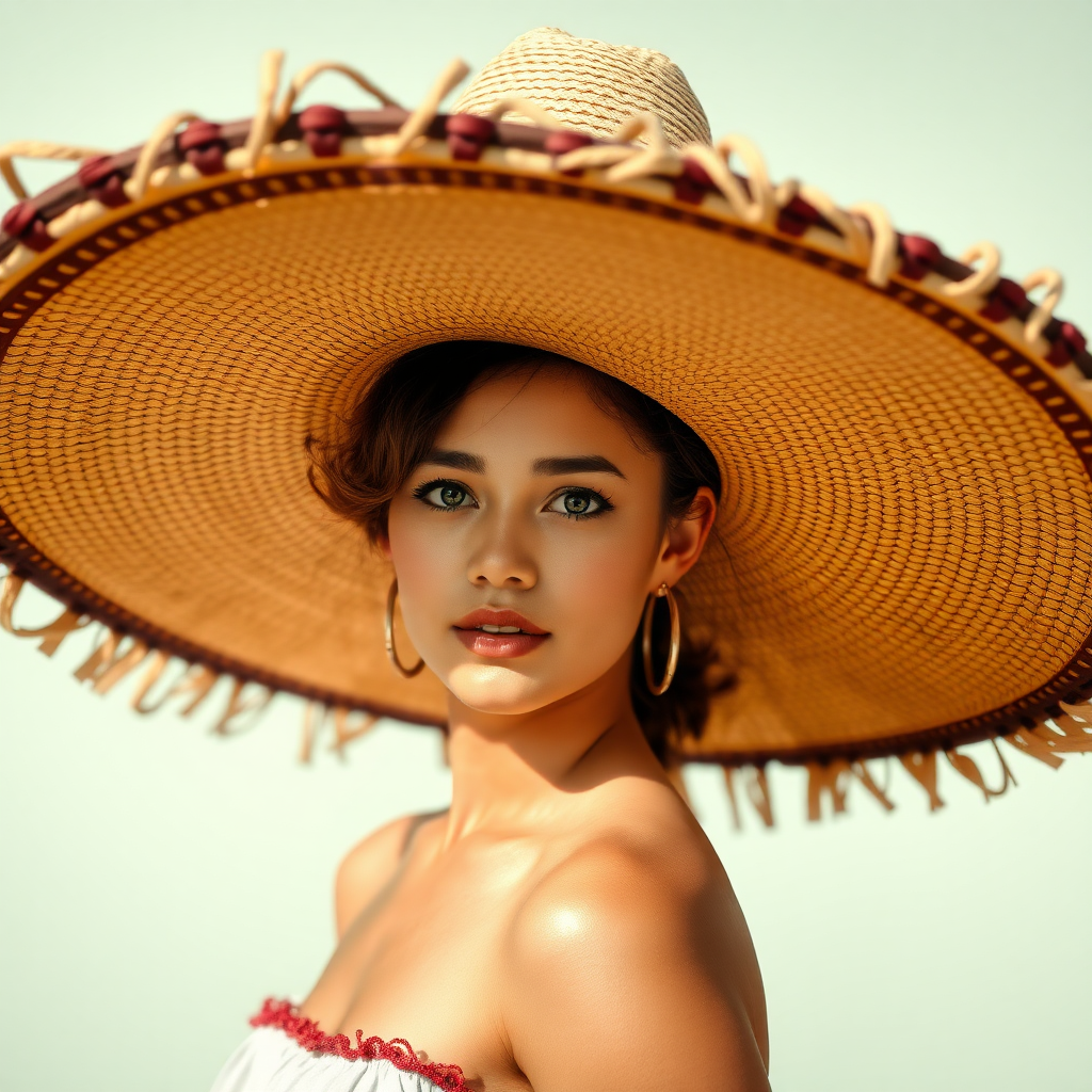 A broad and expansive sombrero hat casts a shadow over the head and body of a young lady.