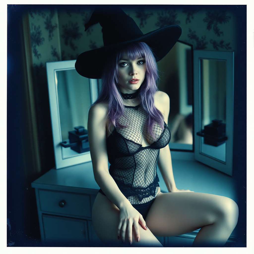 can of an old polaroid photo with heavy dark vignetting and a blue color tint to the photograph and visible light leaks. The photo depicts a sexy alt goth girl with pale skin and purple hair. She has large breasts with ample cleavage and is wearing a black fishnet bodysuit. She is wearing a witch hat. The image looks hazy and grungy. She is in an old house with wallpaper on the walls. Dark lighting with camera flash used. Candid. she is wearing a black lace micro thong. She is sitting on a builtin vanity with a mirror with her knees spread apart.