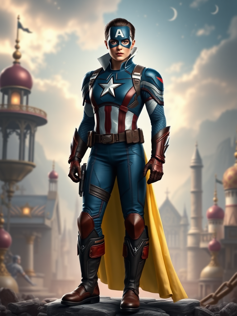 Create a full-length rendered image of Captain America, using the female figure of Snow White for the body. Retain Captain America's head, hairstyle, and facial features. Integrate elements of Snow White's costume into Captain America's attire, adjusting it to fit the new proportions. Design the background inspired by both characters, incorporating iconic symbols and settings that reflect their worlds, merging the heroic and fairytale atmospheres seamlessly. Ensure the image captures the strength of Captain America alongside the whimsy and charm of Snow White, resulting in a unique and visually striking character fusion.