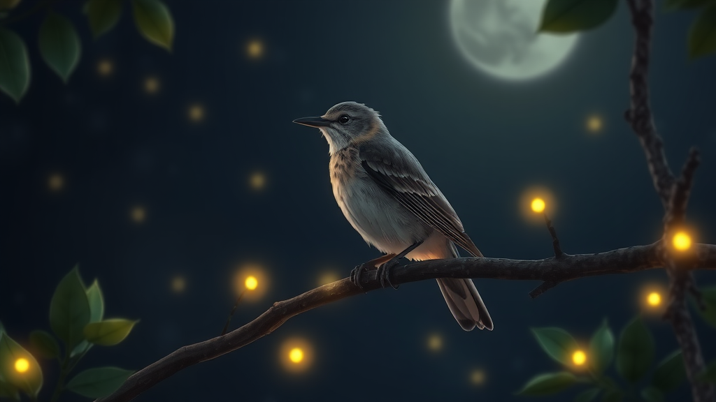 mockingbird sitting on a branch at night and little fireflies around animation