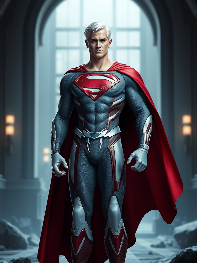 Generate a full-length image of a character that is Superman with the anatomically accurate body type of Emma Frost. Keep Superman's head intact and adjust the body silhouette to reflect Emma’s physique. Incorporate elements of Emma Frost's costume into Superman's outfit without merging the two characters. The background should be an appropriate setting that complements both Superman and Emma Frost, adding to the scene’s atmosphere while highlighting their individual styles.