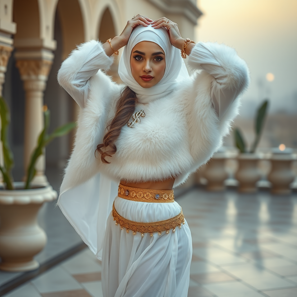 Kuwait desert palace harem patio misty dawn: Melissa, European 17 years old very convincing femboy “trophy-bimbo”, tamed servile docile, very beautiful feminine flawless face, rather short, by hormones very curvaceous womanly figured, heavily made-up eyes, wearing Supertanya-style fluffy very fuzzy bright white angora turtleneck-poncho cropped ending under bust decorated with pearls and gemstones, striking oriental wide gold bridal protection belt, white fully transparent harem pants, full Oriental bridal jewelry, face covered by white sheer full Burka, coin anklets, striking diamond “$$$” letter brooch on left chest, pout frustrated, seductively dancing for the sheik, hands high over her head, looking at camera. Full side view.