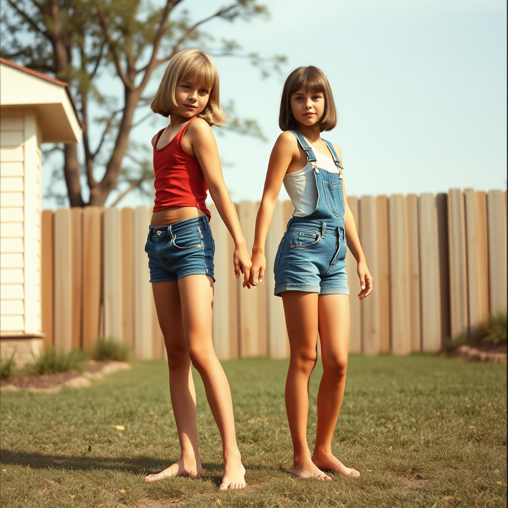 two tall 14yo teen boys, long hair bob cut, wearing crop tank top and very tight booty shorts or denim tight booty Shortall, long legs, narrow thighs, full-length front view. 1970s. Playing at backyard. photorealistic, ultra high resolution, 16K, Negative: grainy, blurry, bad anatomy, extra limbs, watermark.