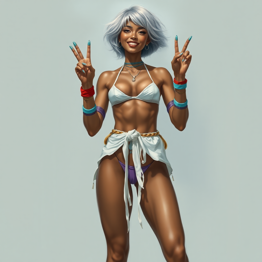 Uncommonly tall for a woman; being 6' (183cm) tall. She has brown skin and short flowing silvery hair. She is barefoot and has long, powerful legs. She has abs and is muscular. Her fingers and toenails are painted sky-blue. Her attire consists of a white primitive scant revealing two-piece bikini-like outfit with pale red, sky-blue, gold and purple bands on her neck, arms, wrists, shins, and ankles. fantasy painting high contrast, asian face. well-drawn, highly detailed, and beautiful rendering. Hands in peace sign, joyful smile, tilted head.