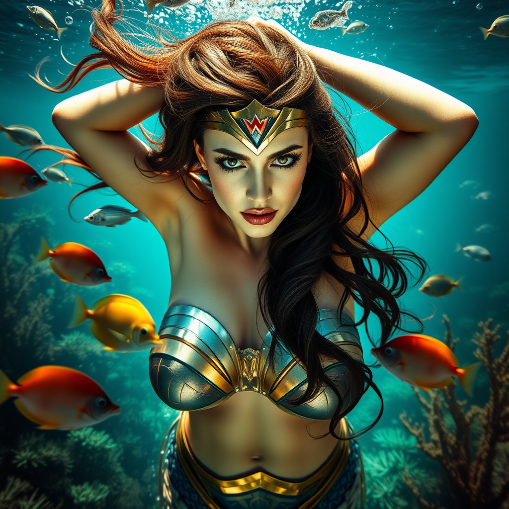 Wonder Woman as a fit and trim mermaid underwater amazing loose flowing hair floating in a nimbus around her beautiful face her arms outstretched languidly over her head. she's looking down into the viewer's eyes making intense eye contact. modesty protected by fish. Burlesque. Stunning undersea life details plants and fish and other creatures of the sea. Amazing HD DSLR photographic output.