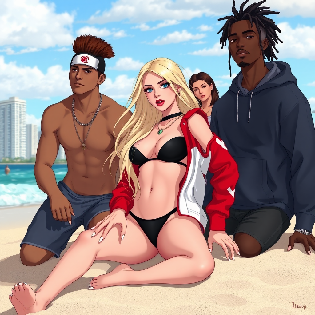 Anime In the vibrant setting of Miami Beach, Florida, a 19-year-old white woman with long, flowing blonde hair is striking a bold pose. She wears a micro-black bikini and a g-string thong, paired with a red-and-white Bape hoodie. Her red lips and white nails add to her edgy, stylish look. She sits confidently on the sandy shore next to a dark-skinned male with dreadlocks on her right. On her left, there's a white-Latino male with a brown fo-hawk and a sideways cap, exuding a relaxed vibe. Also present is a Latina woman with a brown ponytail named Lucia, adding to the lively and diverse scene. The city skyline can be seen in the background, adding an urban touch to the beach setting.