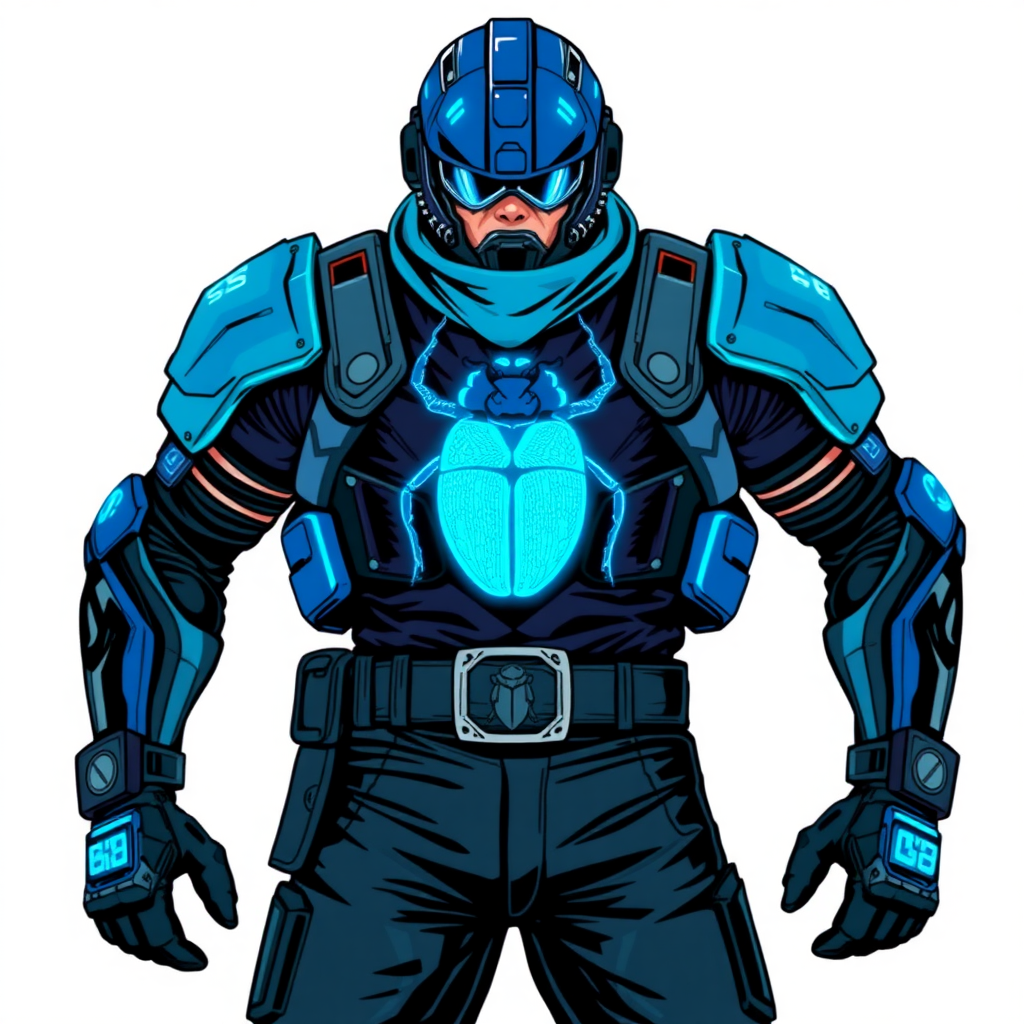 A 28-year-old cyberpunk vigilante stands heroically, clad in a high-tech, maximum blue biker armor featuring a neon blue glowing beetle on the chest. They wear black biker pants, a black belt with a sapphire beetle buckle, and a maximum blue head covering helmet with neon blue glowing lenses. Their hands are protected by black metal gloves, all set against a solid white background. He is drawn as if he was in a retro 2D cyberpunk fighting game.