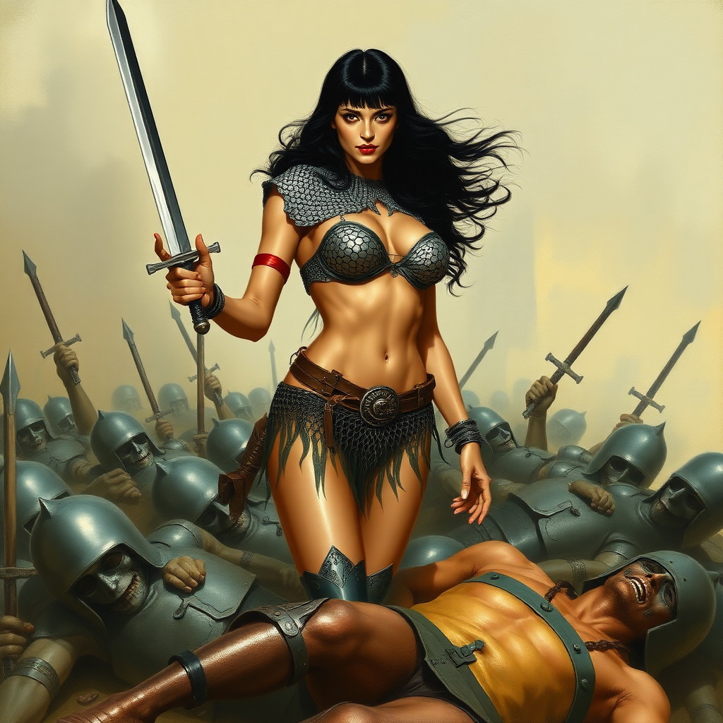 Vampirella wearing bikini chainmail. She carries a short sword and is surrounded by the bodies of fallen soldiers. Painting style of Frank Frazetta.