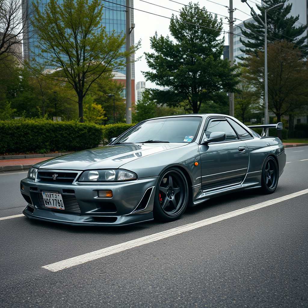 The car is parked on the side of the road, inspired by Taiyō Matsumoto, tumblr, restomod, nd4, c4 metallic shine gray black nissan skyline r34 kalabalik tokyo gece arkaplan