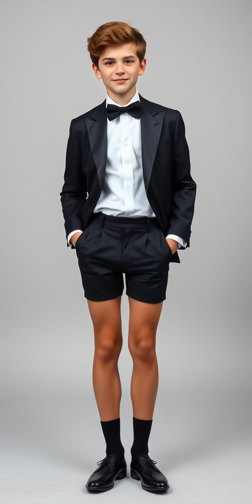 a tall 12yo teen boy, wearing black bow tie, white shirt, black formal suit with matching very tight booty shorts, tube socks, shoes, long legs, narrow thighs. full-length view. light gray background. Family photo in studio. 1980s. photorealistic, ultra high resolution, 16K, Negative: grainy, blurry, bad anatomy, extra limbs, watermark.