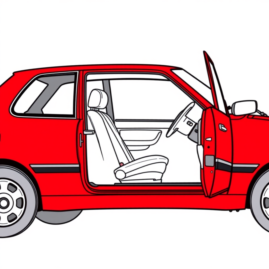 red vw polo II car, driver's door wide open, long establishing shot, 2D, caricature, cartoon, Sketch lines, coloring book, coloring book style on white background, well composed, clean coloring book page, No dither, no gradient, strong outline, No fill, No solids, vector illustration, realistic proportions, blueprint, left side view